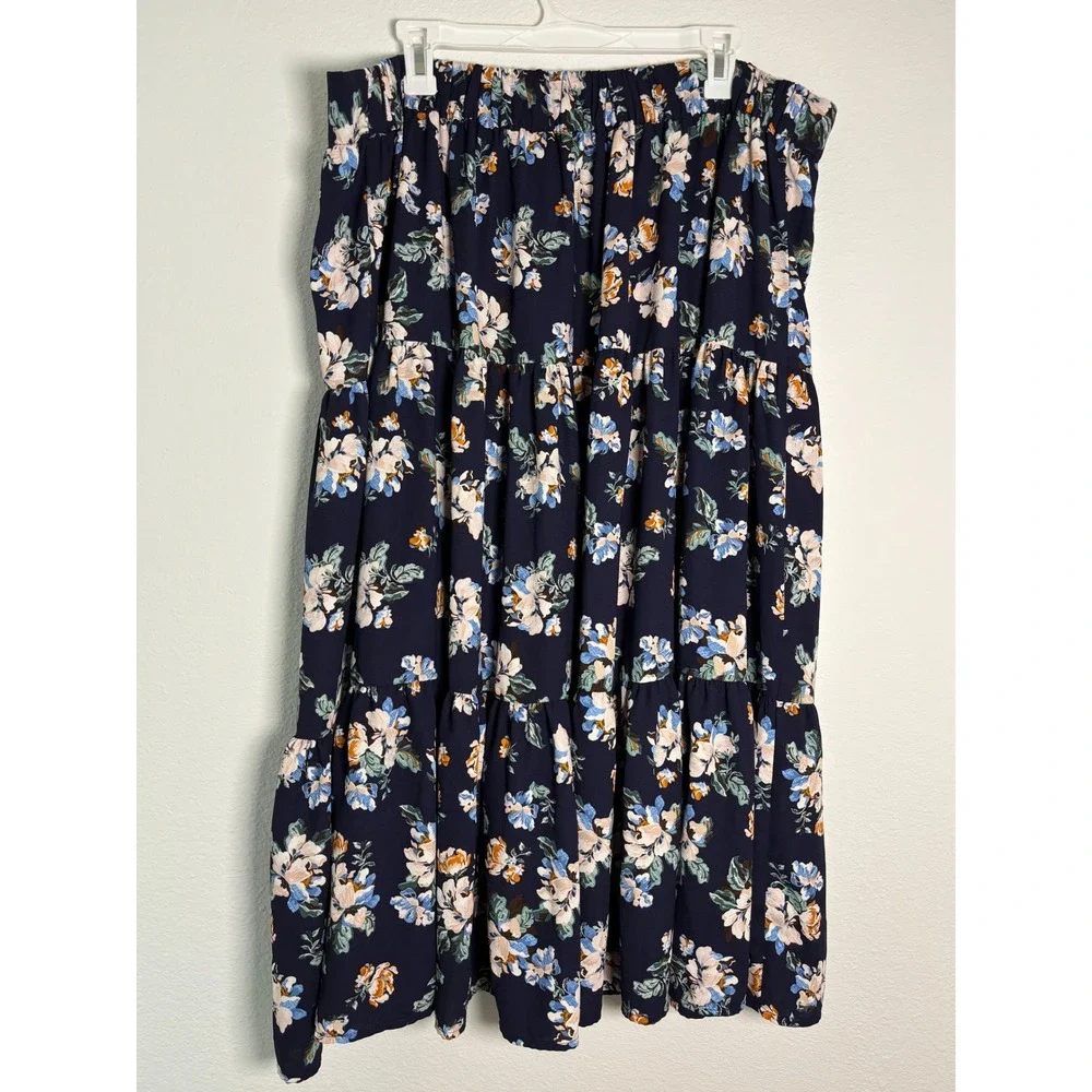LC Lauren Conrad Navy Floral Tiered Midi Skirt Plus Size 2X Boho Cottagecore